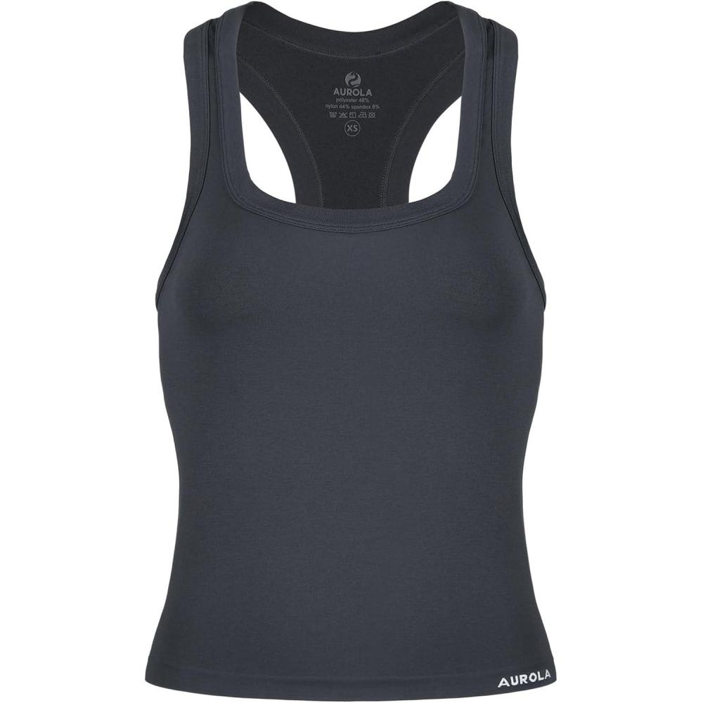 imageAUROLA Essentials Seamless Sleeveless Racerback TopWomen Subtle Marl Workout Square Neck Fitted TankDark Grey