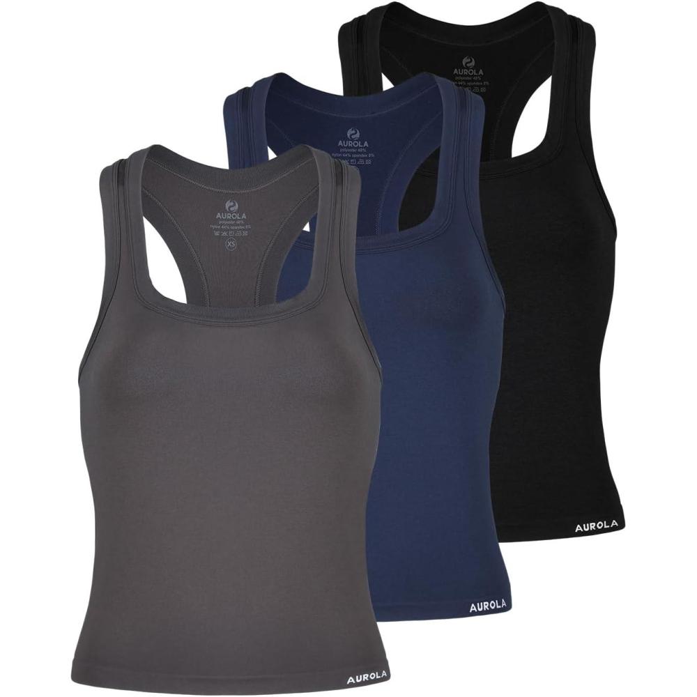 imageAUROLA Essentials Seamless Sleeveless Racerback TopWomen Subtle Marl Workout Square Neck Fitted TankPack Blacktuxedo Bluechestnut Brown