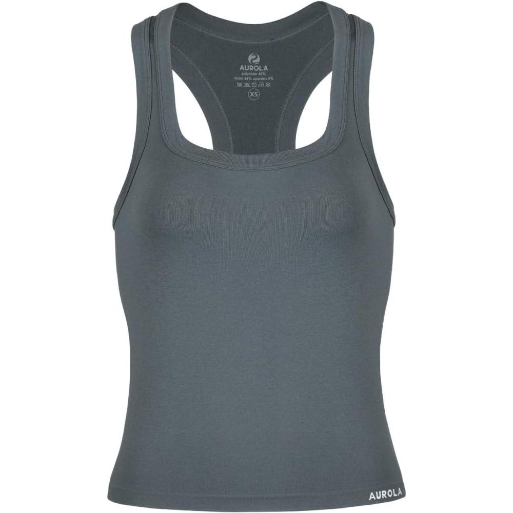 imageAUROLA Essentials Seamless Sleeveless Racerback TopWomen Subtle Marl Workout Square Neck Fitted TankSteel Grey