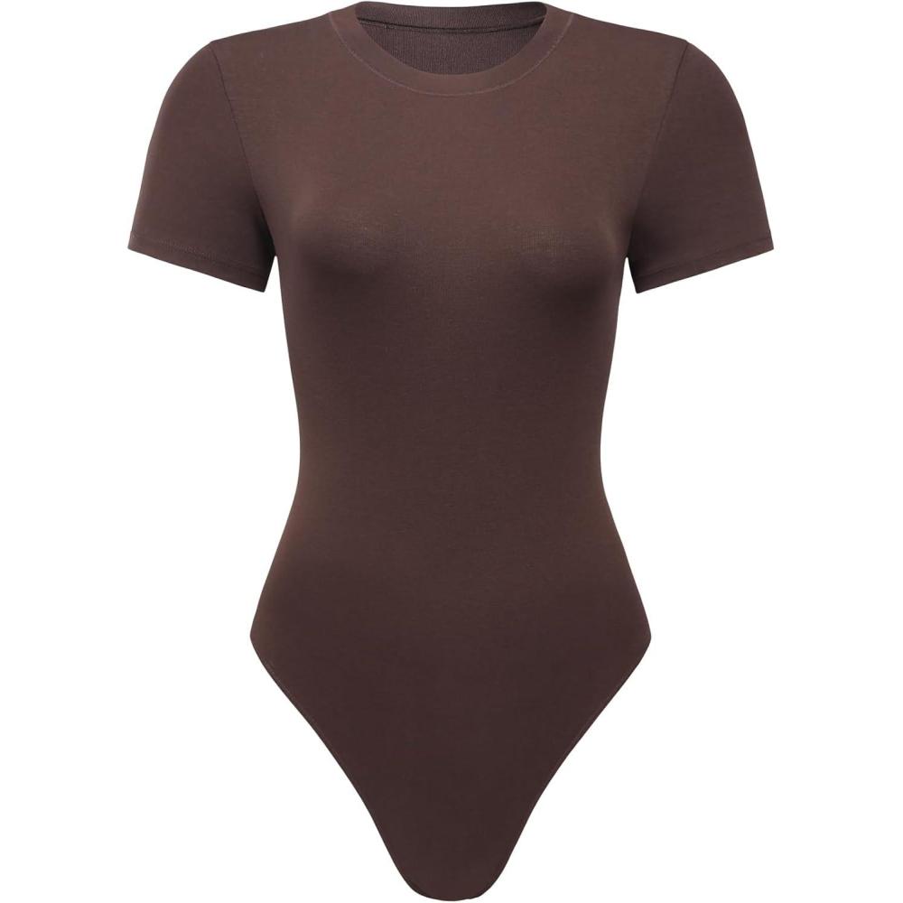 imageAUROLA Everyday Crew Neck Bodysuits ShirtsGoing Out Short Sleeve Casual Basic Stretchy Fashion One PieceBrown Stone