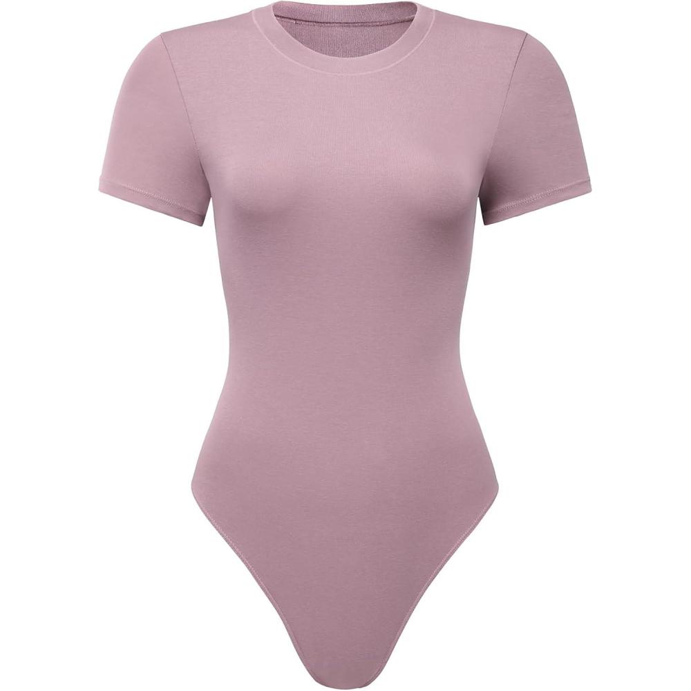 imageAUROLA Everyday Crew Neck Bodysuits ShirtsGoing Out Short Sleeve Casual Basic Stretchy Fashion One PieceDawn Pink