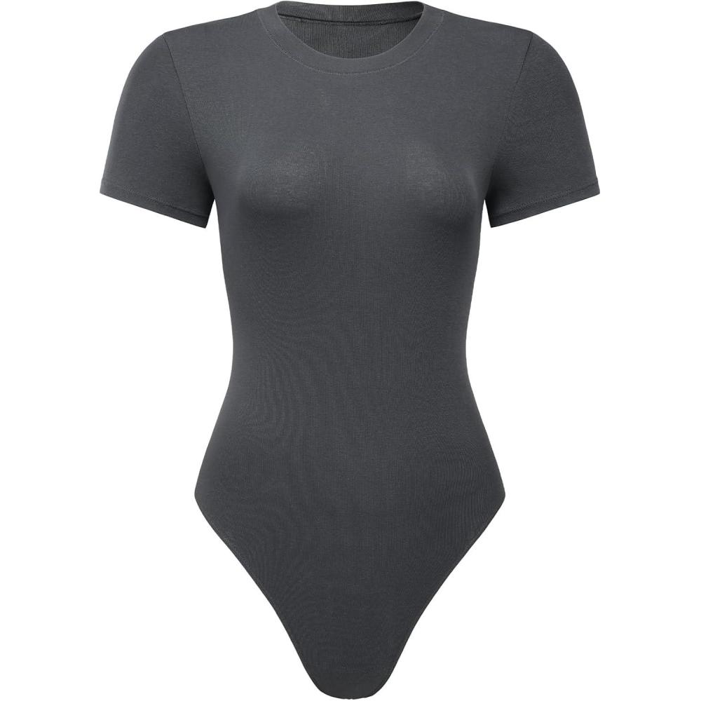 imageAUROLA Everyday Crew Neck Bodysuits ShirtsGoing Out Short Sleeve Casual Basic Stretchy Fashion One PieceGrey Nights