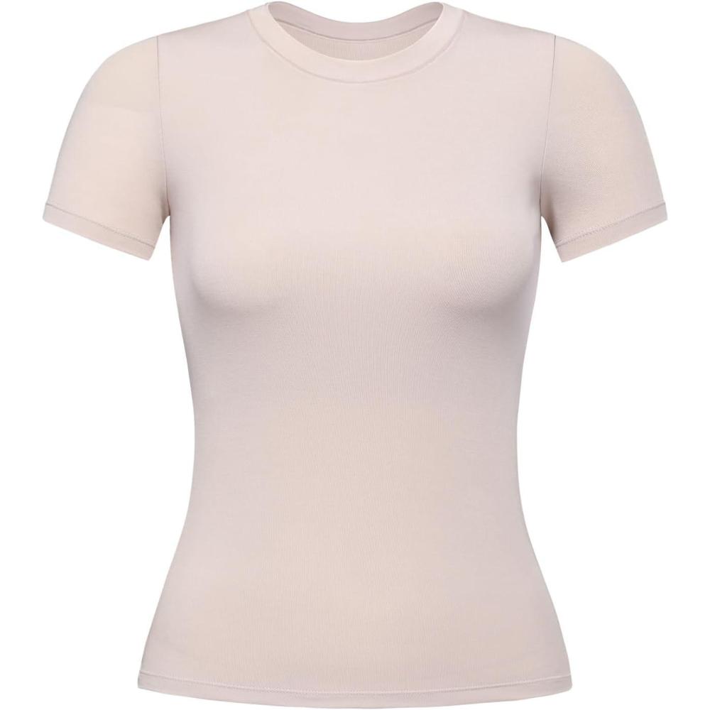 imageAUROLA Everyday Fitted TShirt for WomenCrew Neck Basic Short Sleeves T ShirtCrop Tops Modal Slim Fit TeeBegei