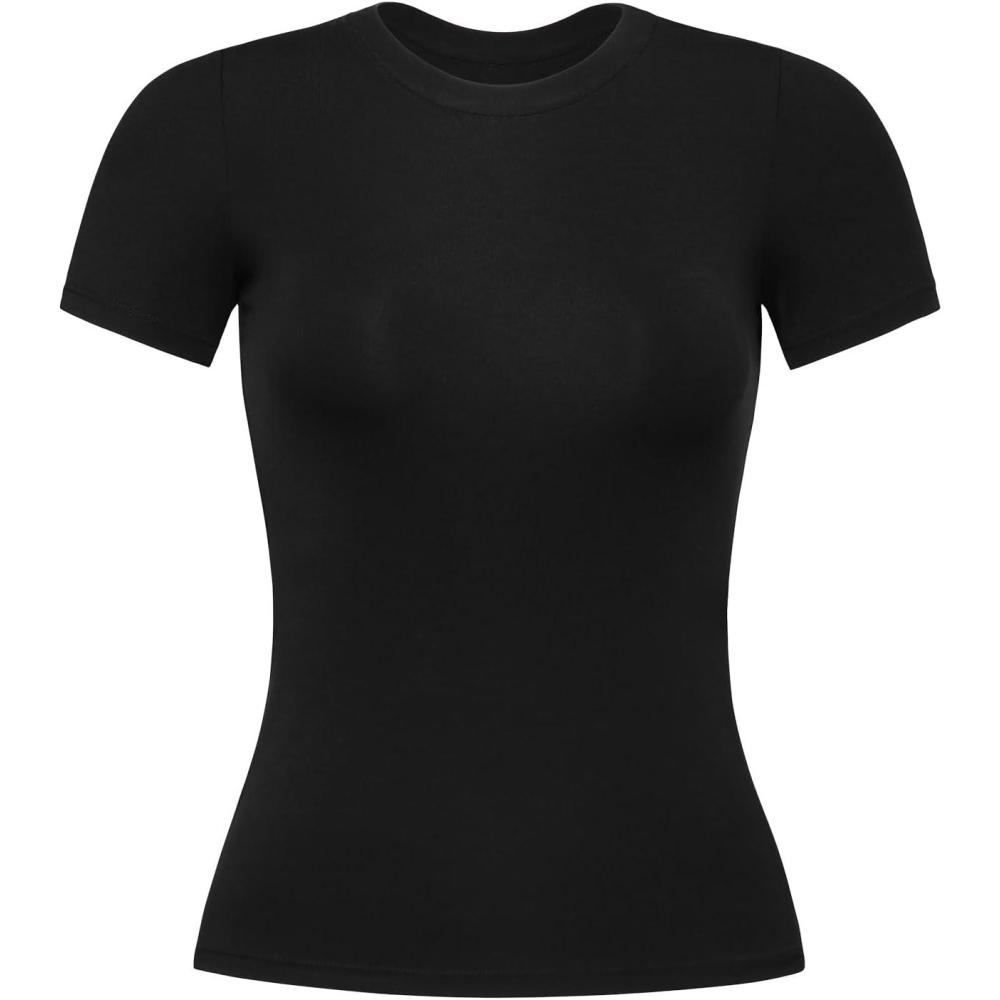 imageAUROLA Everyday Fitted TShirt for WomenCrew Neck Basic Short Sleeves T ShirtCrop Tops Modal Slim Fit TeeBlack