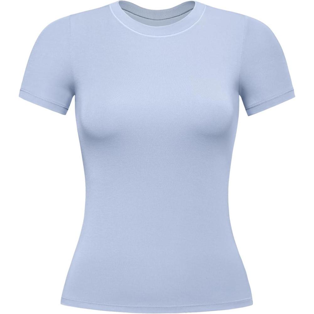 imageAUROLA Everyday Fitted TShirt for WomenCrew Neck Basic Short Sleeves T ShirtCrop Tops Modal Slim Fit TeeChambray Blue