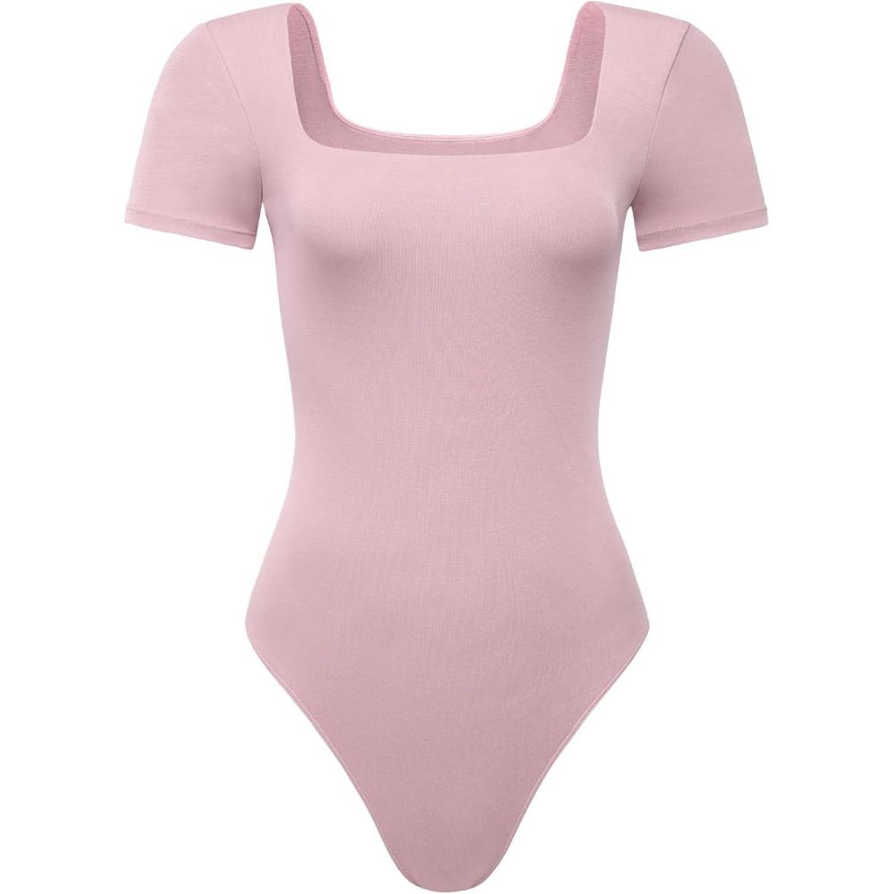 imageAUROLA Everyday Square Neck BodysuitsGoing Out Short Sleeve Double Lined Stretchy Shirt TopsDawn Pink