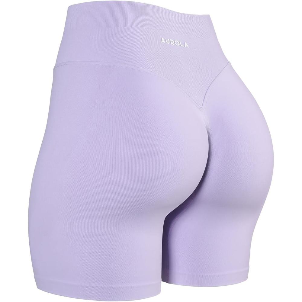 imageAUROLA Impressive Collection Workout Shorts for WomenHigh Waisted VShape Seam Gym Embossed Logo Athletic Fitness ShortLavender