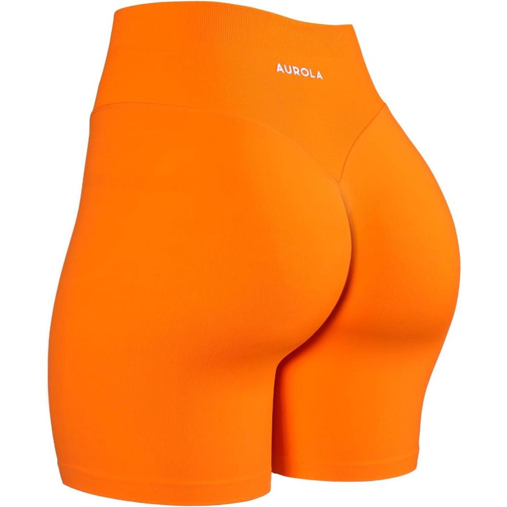 imageAUROLA Impressive Collection Workout Shorts for WomenHigh Waisted VShape Seam Gym Embossed Logo Athletic Fitness ShortPersimmon Orange