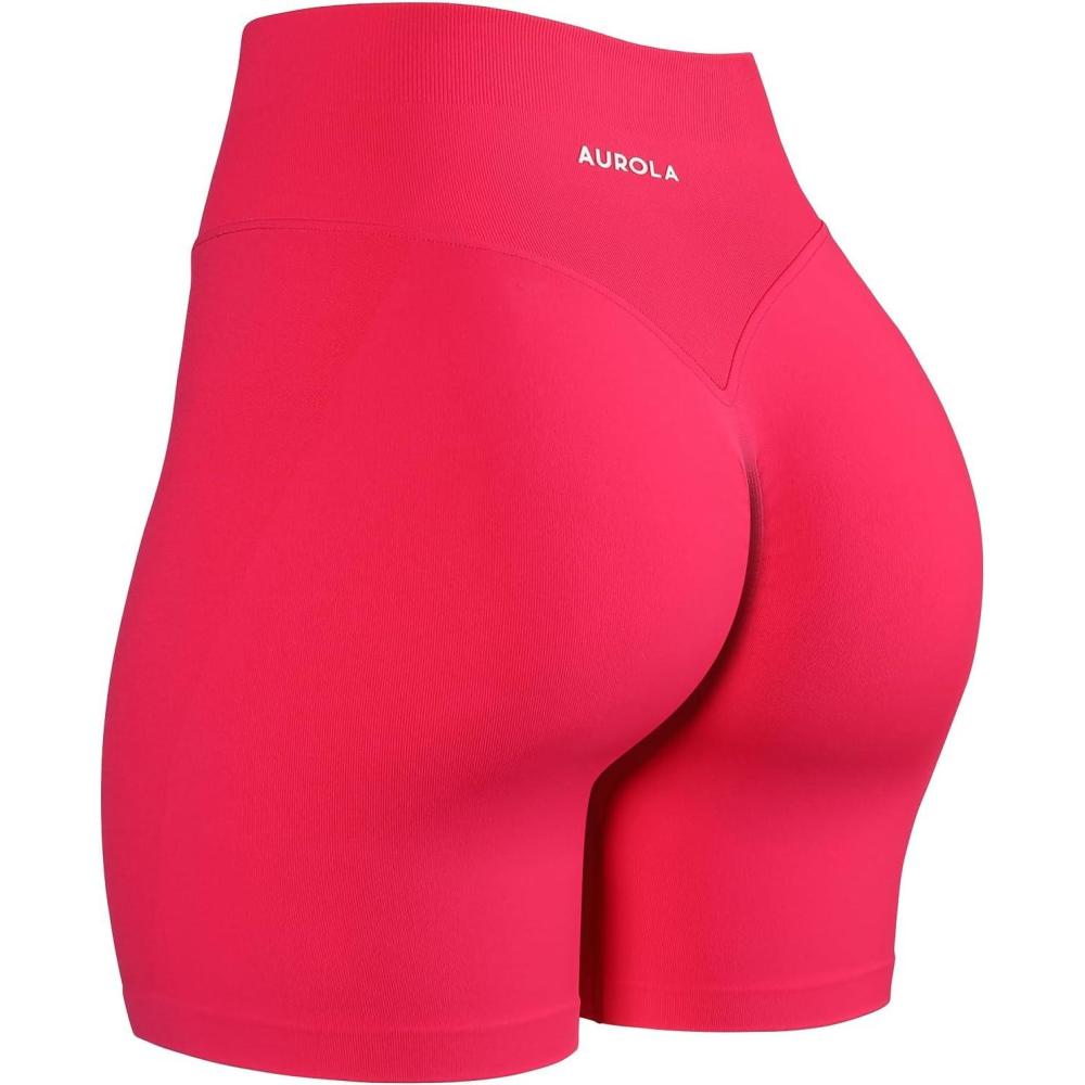 imageAUROLA Impressive Collection Workout Shorts for WomenHigh Waisted VShape Seam Gym Embossed Logo Athletic Fitness ShortPink