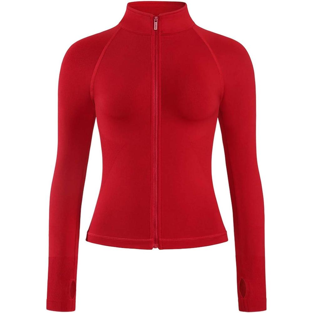 imageAUROLA Influence Athletic Workout Jacket for Women Lightweight Slim Fit Full Zip Running Yoga Sports Jacket with Thumb HolesChili Red
