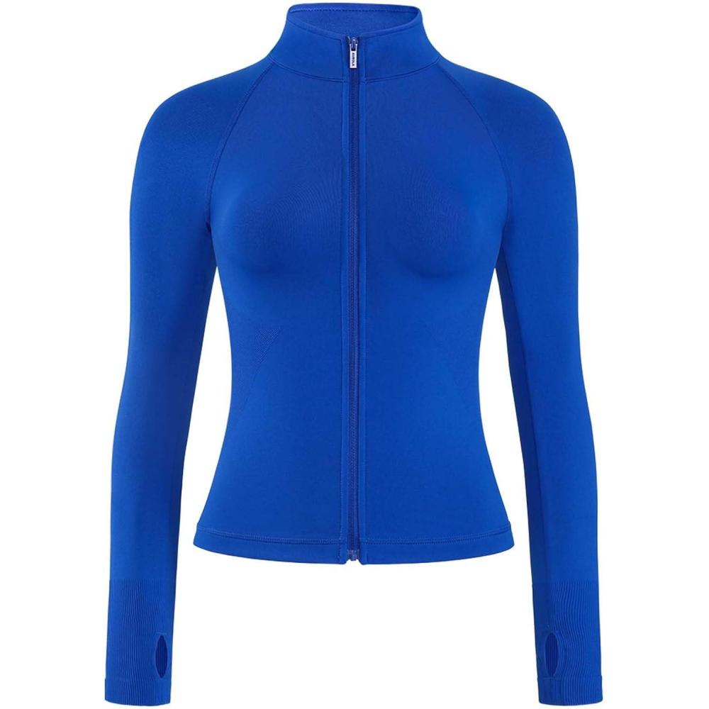imageAUROLA Influence Athletic Workout Jacket for Women Lightweight Slim Fit Full Zip Running Yoga Sports Jacket with Thumb HolesKlein Blue