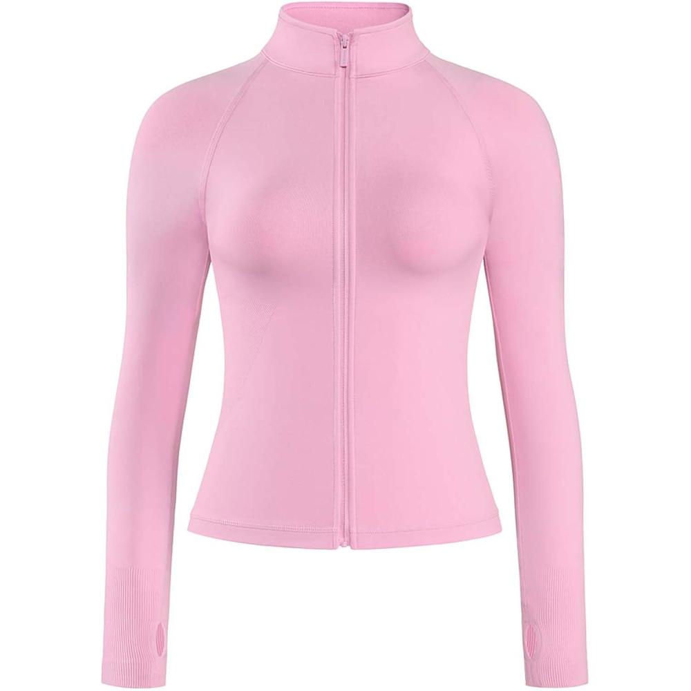 imageAUROLA Influence Athletic Workout Jacket for Women Lightweight Slim Fit Full Zip Running Yoga Sports Jacket with Thumb HolesSweet Pink