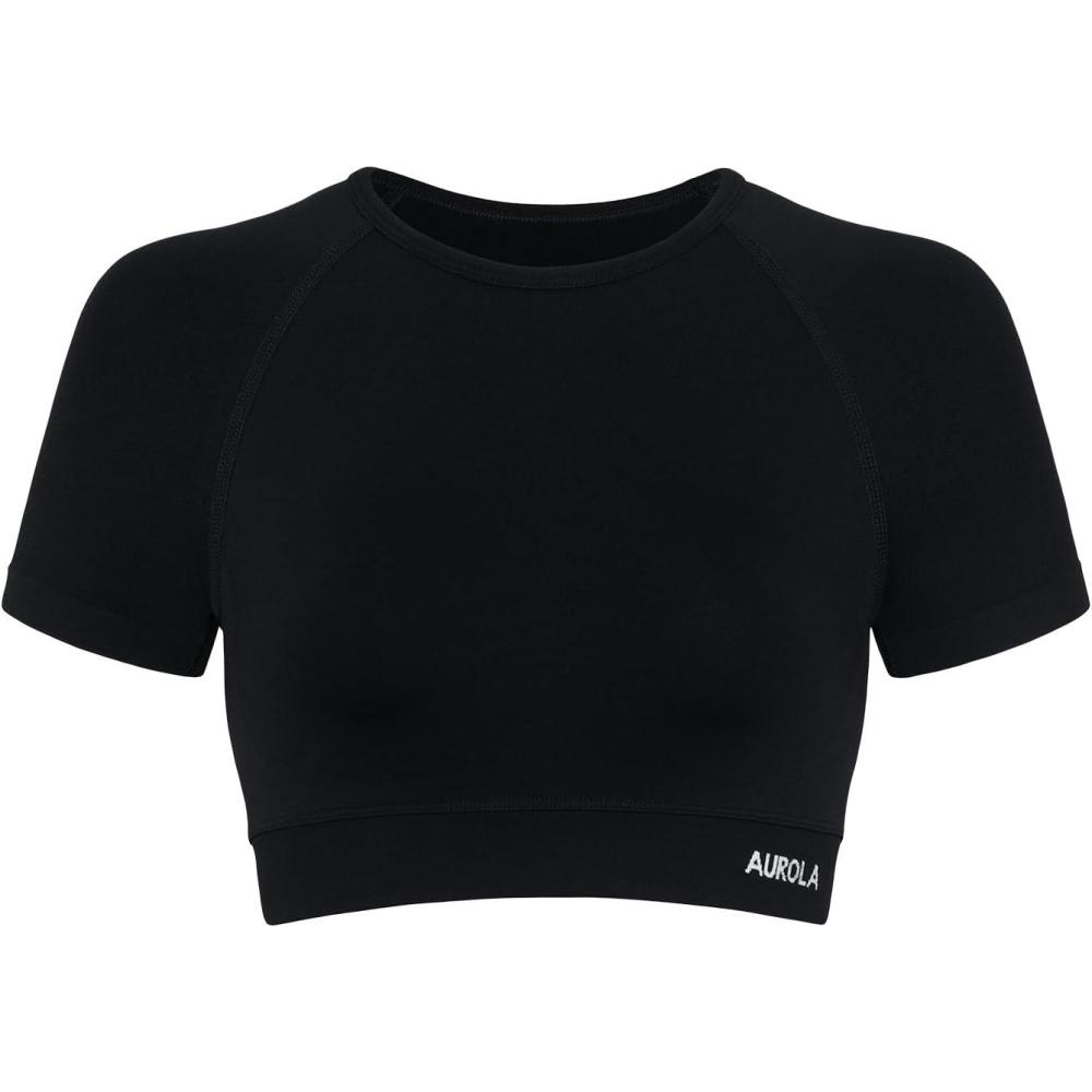 imageAUROLA Influence Crop Top Workout Shirts for Women UltraSoft Seamless Gym T Shirts Short Sleeve Running Workout TopsBlack