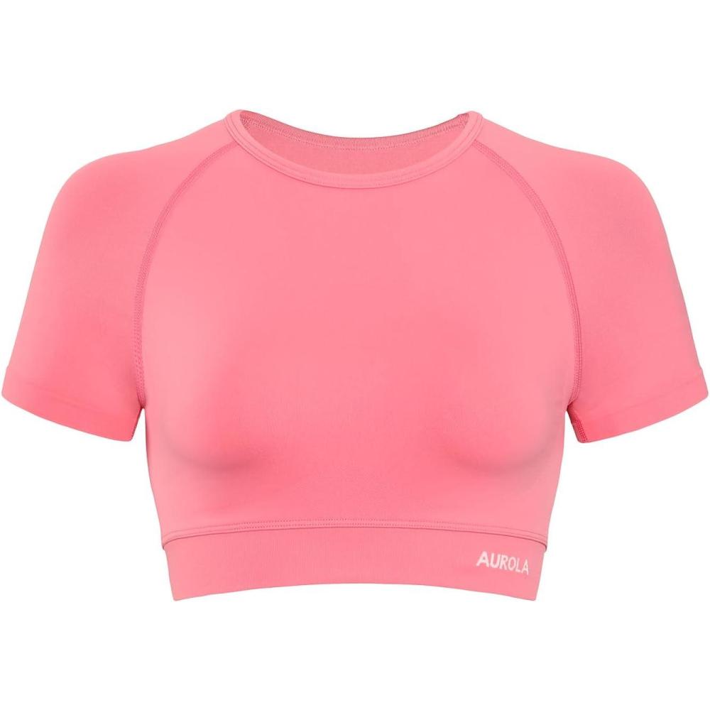 imageAUROLA Influence Crop Top Workout Shirts for Women UltraSoft Seamless Gym T Shirts Short Sleeve Running Workout TopsBubblegum