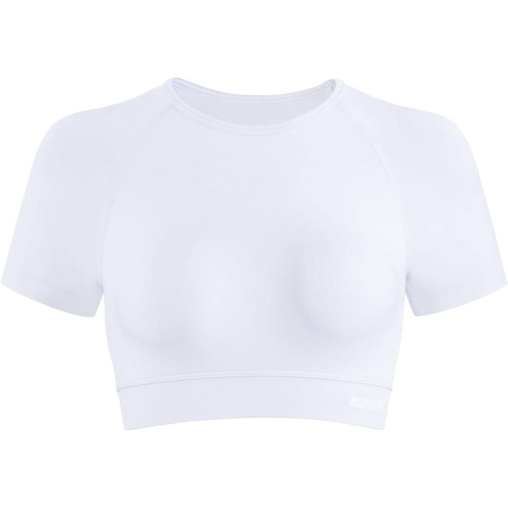 imageAUROLA Influence Crop Top Workout Shirts for Women UltraSoft Seamless Gym T Shirts Short Sleeve Running Workout TopsCrescent White