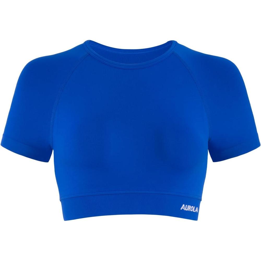 imageAUROLA Influence Crop Top Workout Shirts for Women UltraSoft Seamless Gym T Shirts Short Sleeve Running Workout TopsKlein Blue