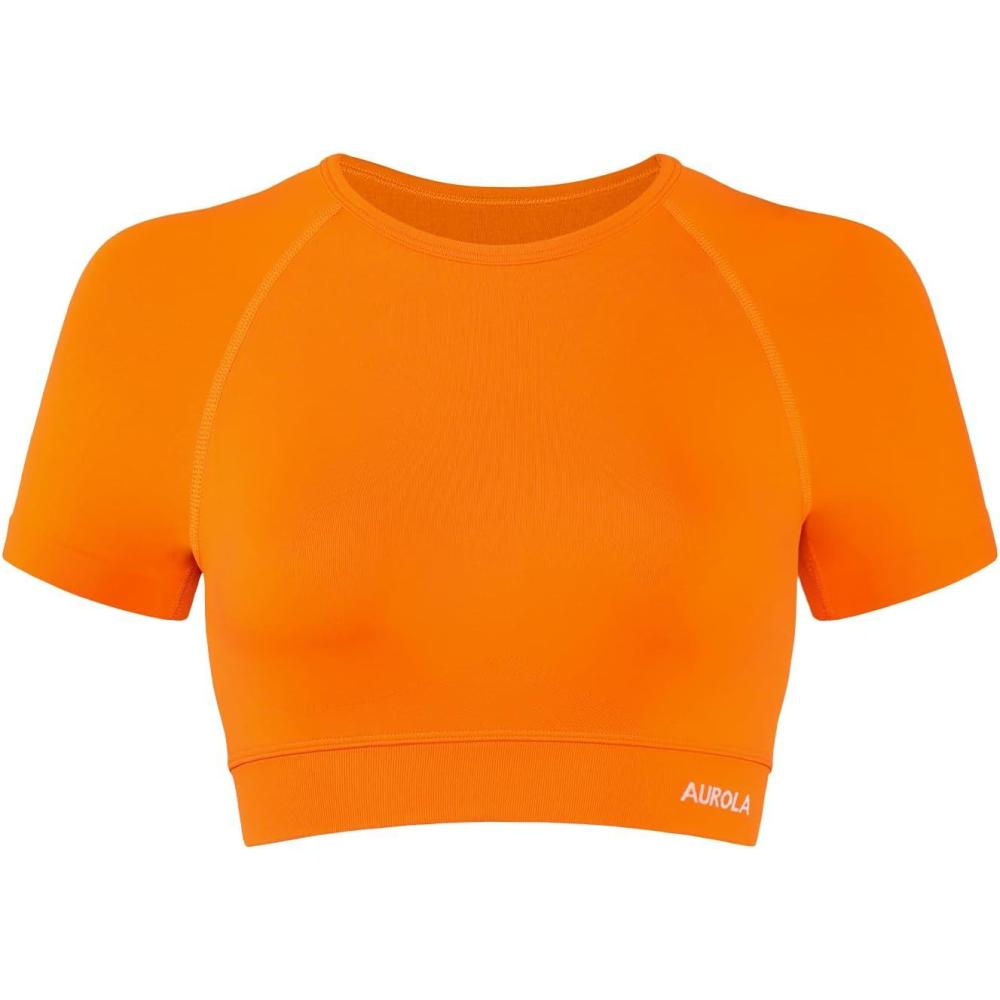 imageAUROLA Influence Crop Top Workout Shirts for Women UltraSoft Seamless Gym T Shirts Short Sleeve Running Workout TopsPersimmon Orange