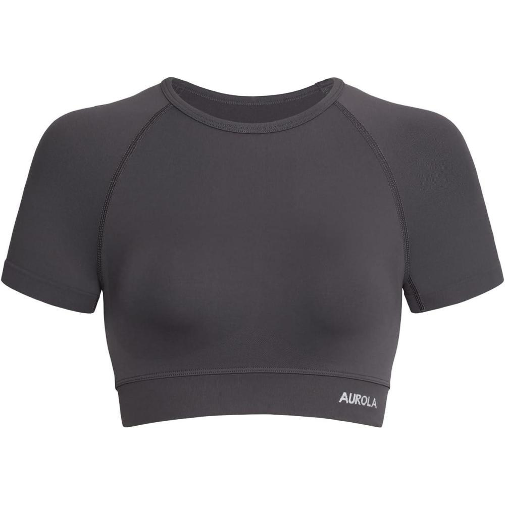 imageAUROLA Influence Crop Top Workout Shirts for Women UltraSoft Seamless Gym T Shirts Short Sleeve Running Workout TopsPlum Truffle