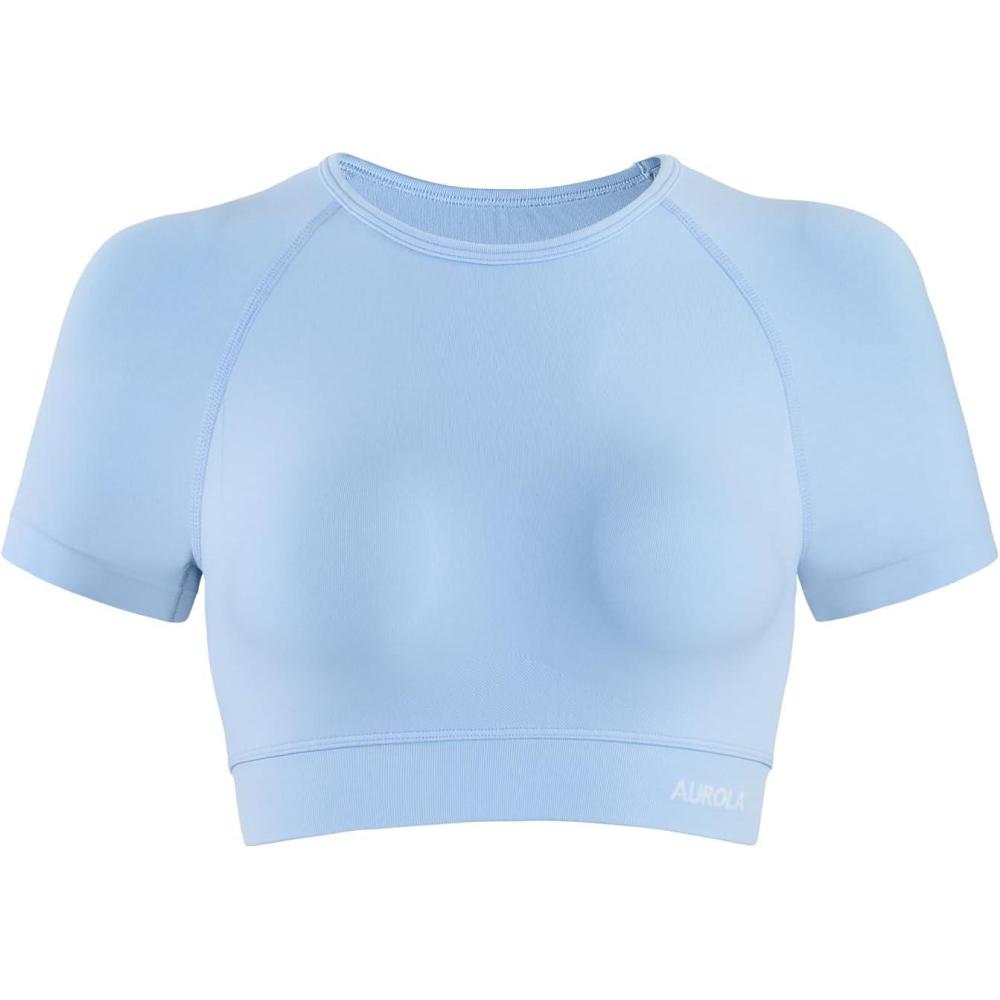 imageAUROLA Influence Crop Top Workout Shirts for Women UltraSoft Seamless Gym T Shirts Short Sleeve Running Workout TopsSky Light