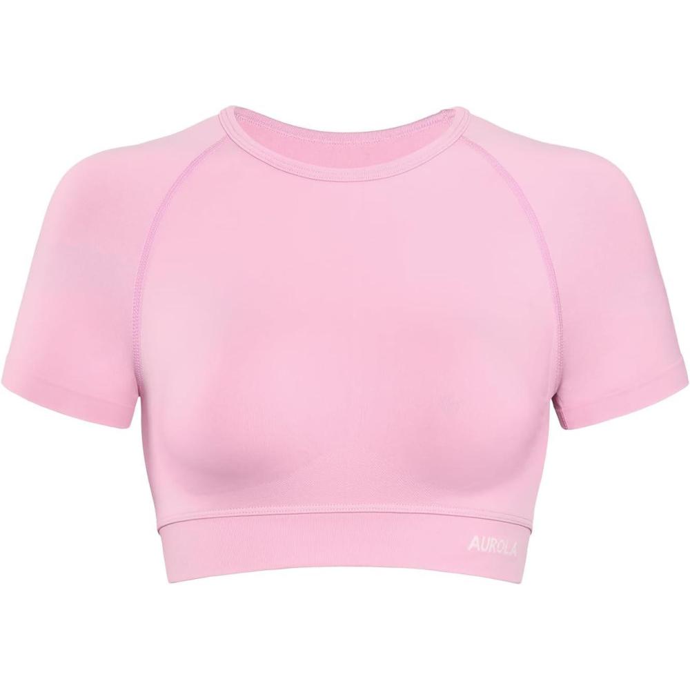 imageAUROLA Influence Crop Top Workout Shirts for Women UltraSoft Seamless Gym T Shirts Short Sleeve Running Workout TopsSweet Pink