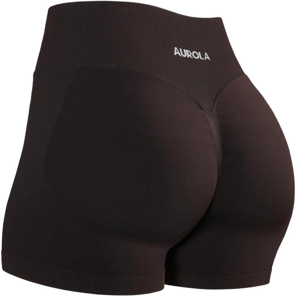 imageAUROLA Influence Workout Shorts for Women25 35 45 55 65 No Roll Up Squat Proof Scrunch Seamless Compression Gym ShortCoffee