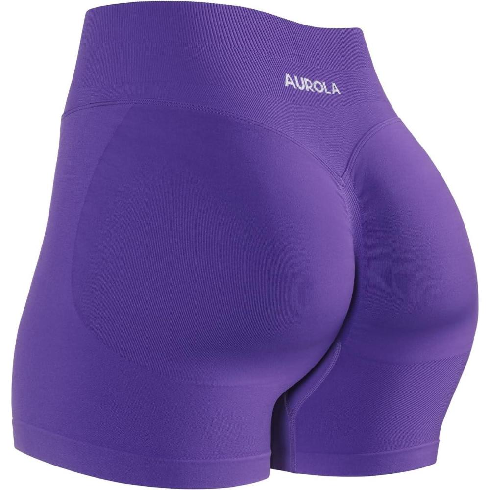 imageAUROLA Influence Workout Shorts for Women25 35 45 55 65 No Roll Up Squat Proof Scrunch Seamless Compression Gym ShortDark Purple