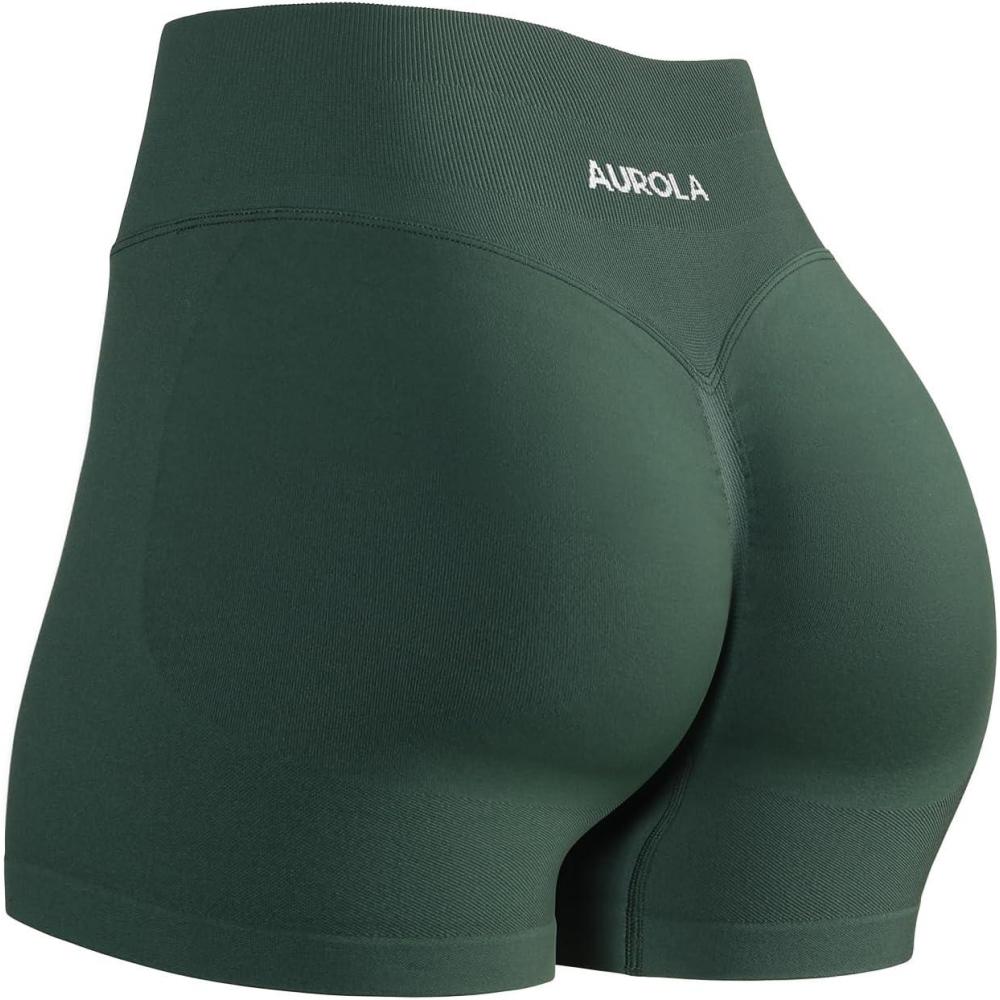 imageAUROLA Influence Workout Shorts for Women25 35 45 55 65 No Roll Up Squat Proof Scrunch Seamless Compression Gym ShortEden Green