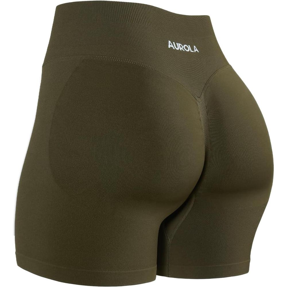 imageAUROLA Influence Workout Shorts for Women25 35 45 55 65 No Roll Up Squat Proof Scrunch Seamless Compression Gym ShortMartini Olive