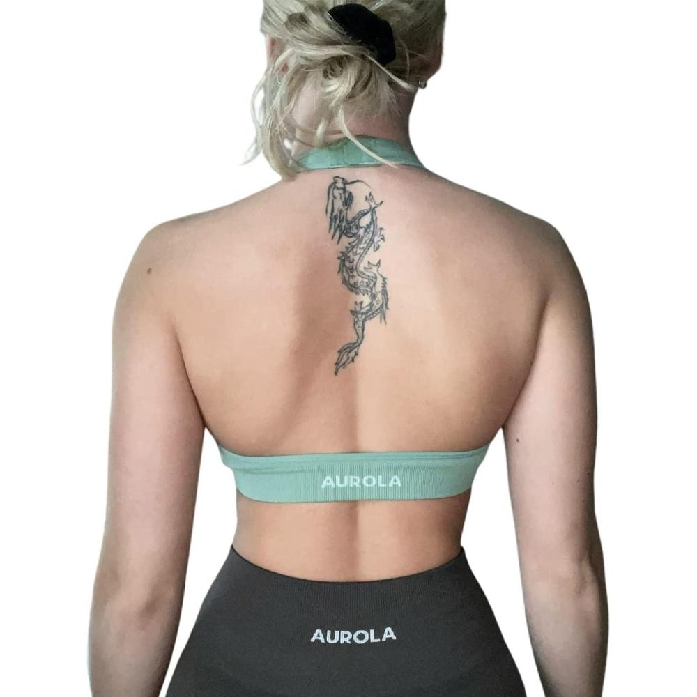 imageAUROLA Moon Seamless Halter Backless Sport Bra for Women Adjustable Padded Active Workout Gym Yoga Crop Tank TopGranite Green