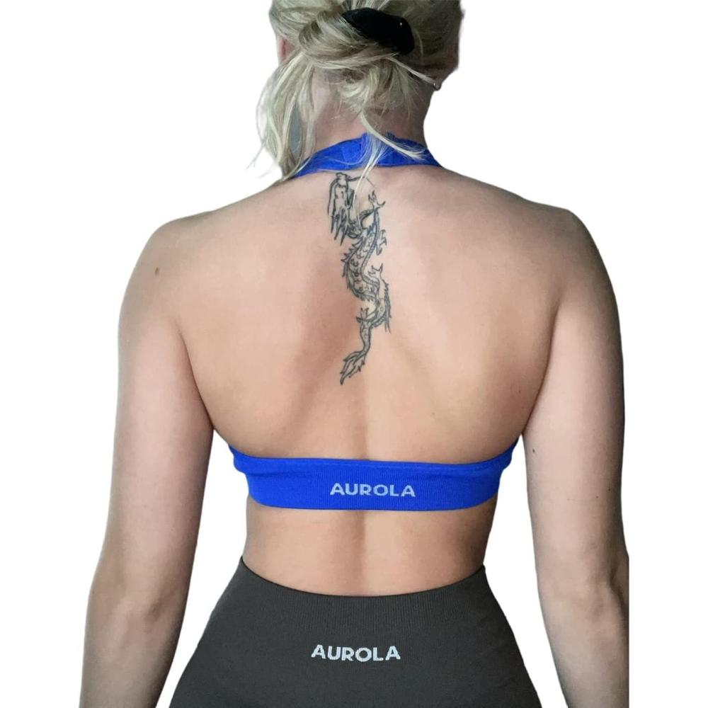 imageAUROLA Moon Seamless Halter Backless Sport Bra for Women Adjustable Padded Active Workout Gym Yoga Crop Tank TopKlein Blue