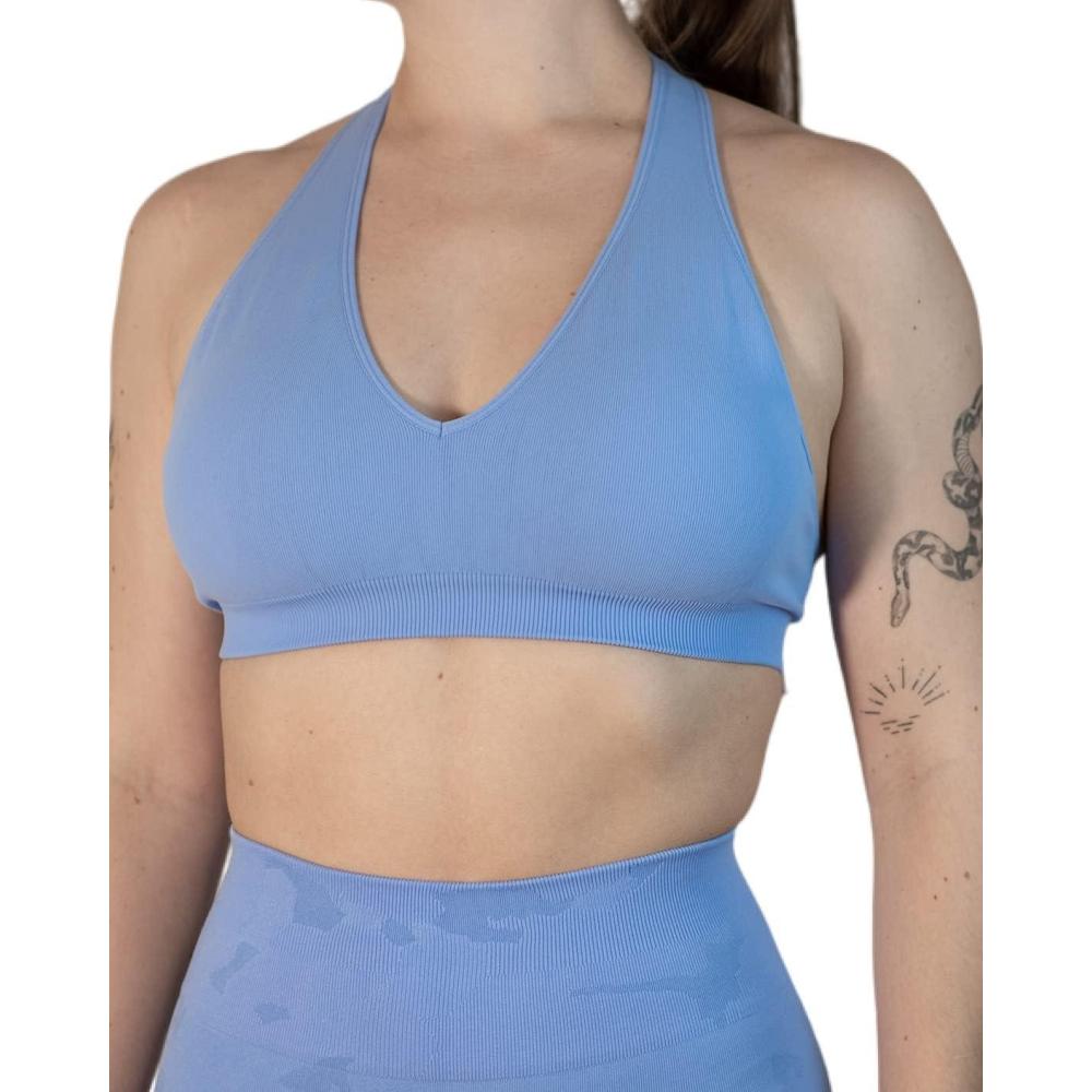 imageAUROLA Moon Seamless Halter Backless Sport Bra for Women Adjustable Padded Active Workout Gym Yoga Crop Tank TopSerenity Blue
