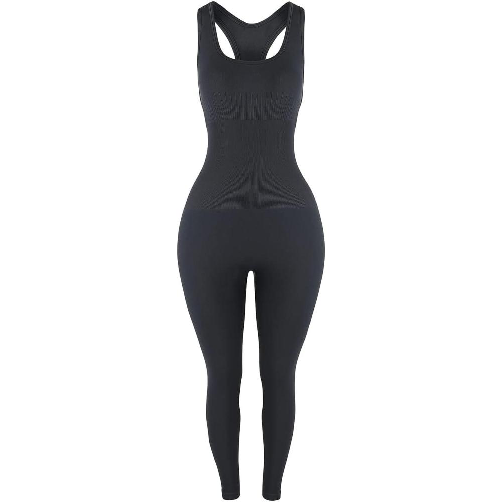 imageAUROLA Power Workout Jumpsuit for Women Yoga Gym Seamless One Piece Racerback Tummy Control Padded Bra JumpsuitDark Grey