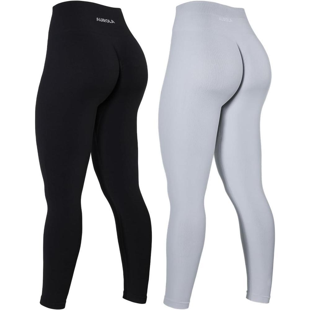 imageAUROLA Power Workout Leggings for Women Tummy Control Squat Proof Ribbed Thick Seamless Scrunch Active PantsSet Blackblanc De Blanc