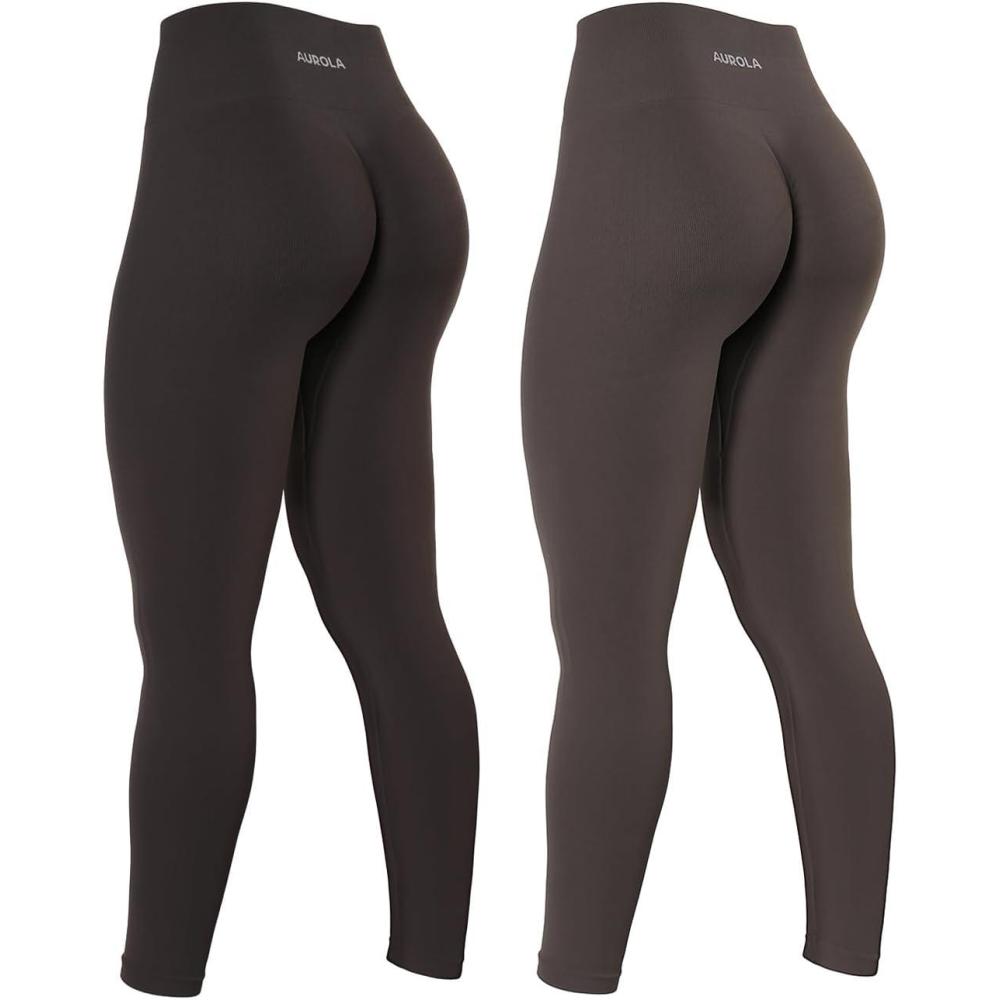 imageAUROLA Power Workout Leggings for Women Tummy Control Squat Proof Ribbed Thick Seamless Scrunch Active PantsSet Chocolate Tortechestnut Brown