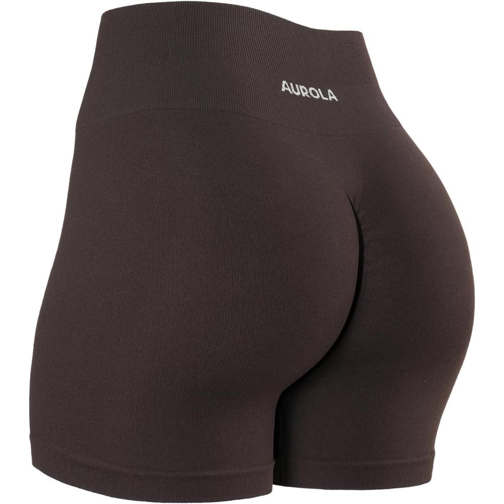 imageAUROLA Power Workout Shorts for Women Tummy Control Squat Proof Ribbed Thick Seamless Scrunch Active ShortChocolate Torte