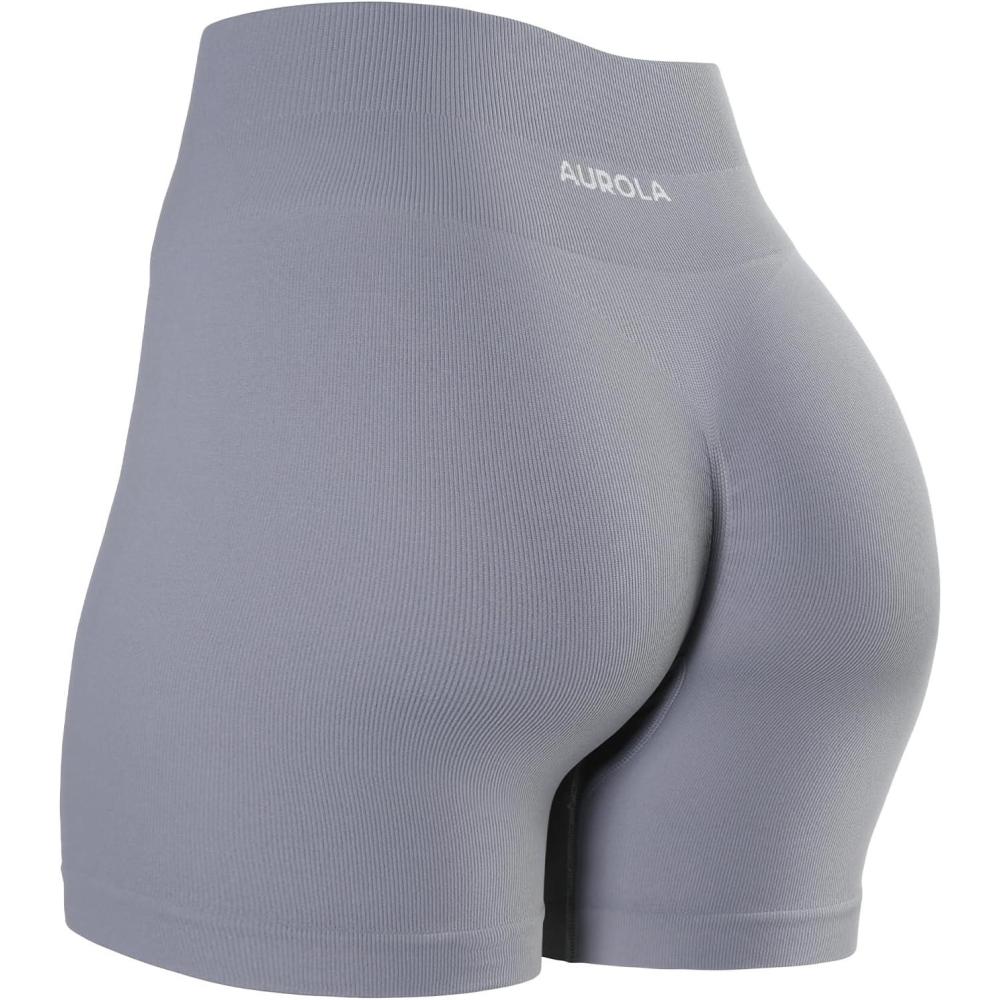 imageAUROLA Power Workout Shorts for Women Tummy Control Squat Proof Ribbed Thick Seamless Scrunch Active ShortFog Grey