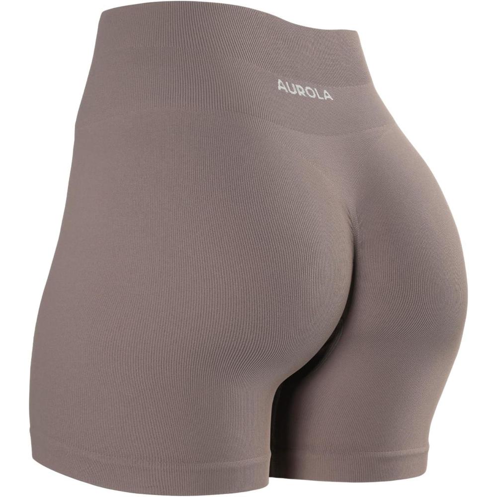 imageAUROLA Power Workout Shorts for Women Tummy Control Squat Proof Ribbed Thick Seamless Scrunch Active ShortMocha