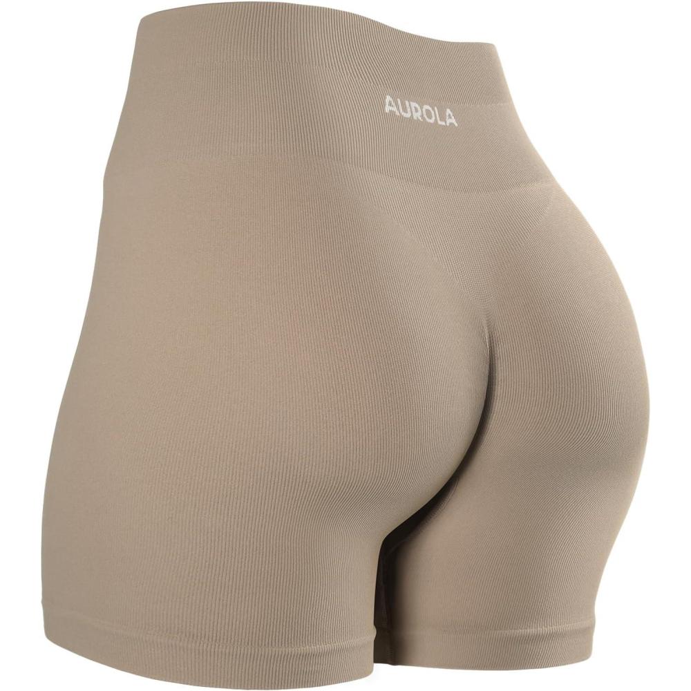 imageAUROLA Power Workout Shorts for Women Tummy Control Squat Proof Ribbed Thick Seamless Scrunch Active ShortNatural