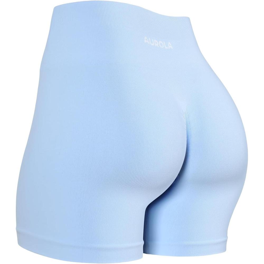 imageAUROLA Power Workout Shorts for Women Tummy Control Squat Proof Ribbed Thick Seamless Scrunch Active ShortSky Light