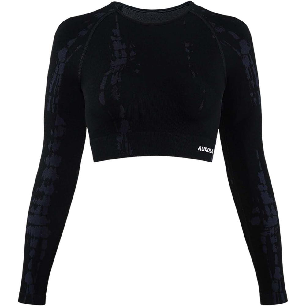 imageAUROLA Serpent Snake Long Sleeve Shirts for Women Seamless Workout Crop Tops Crew Neck Cropped T Shirt Athletic YogaBlack