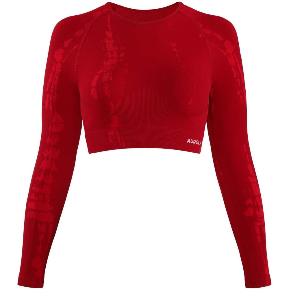 imageAUROLA Serpent Snake Long Sleeve Shirts for Women Seamless Workout Crop Tops Crew Neck Cropped T Shirt Athletic YogaChristmas Red