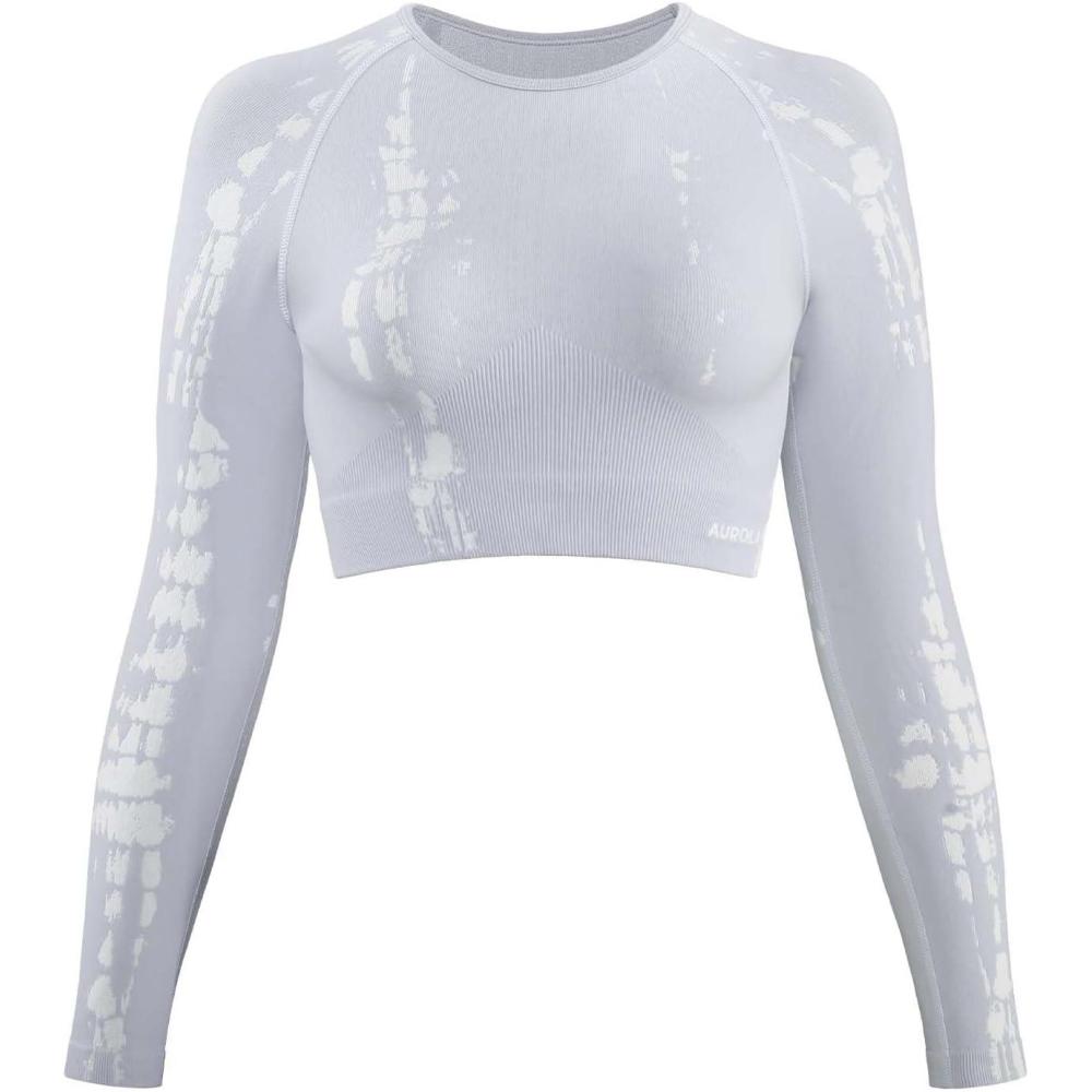 imageAUROLA Serpent Snake Long Sleeve Shirts for Women Seamless Workout Crop Tops Crew Neck Cropped T Shirt Athletic YogaGray Dawn