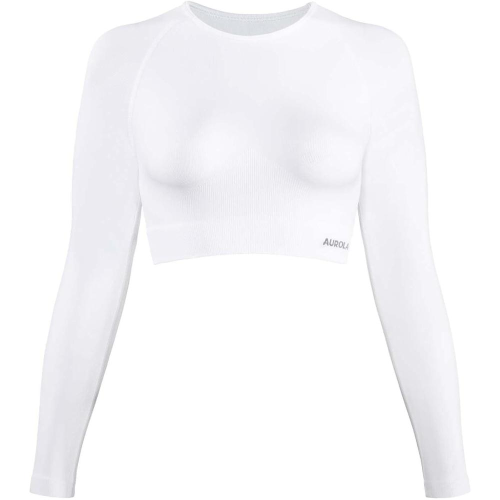 imageAUROLA Serpent Snake Long Sleeve Shirts for Women Seamless Workout Crop Tops Crew Neck Cropped T Shirt Athletic YogaSolidcrescent White