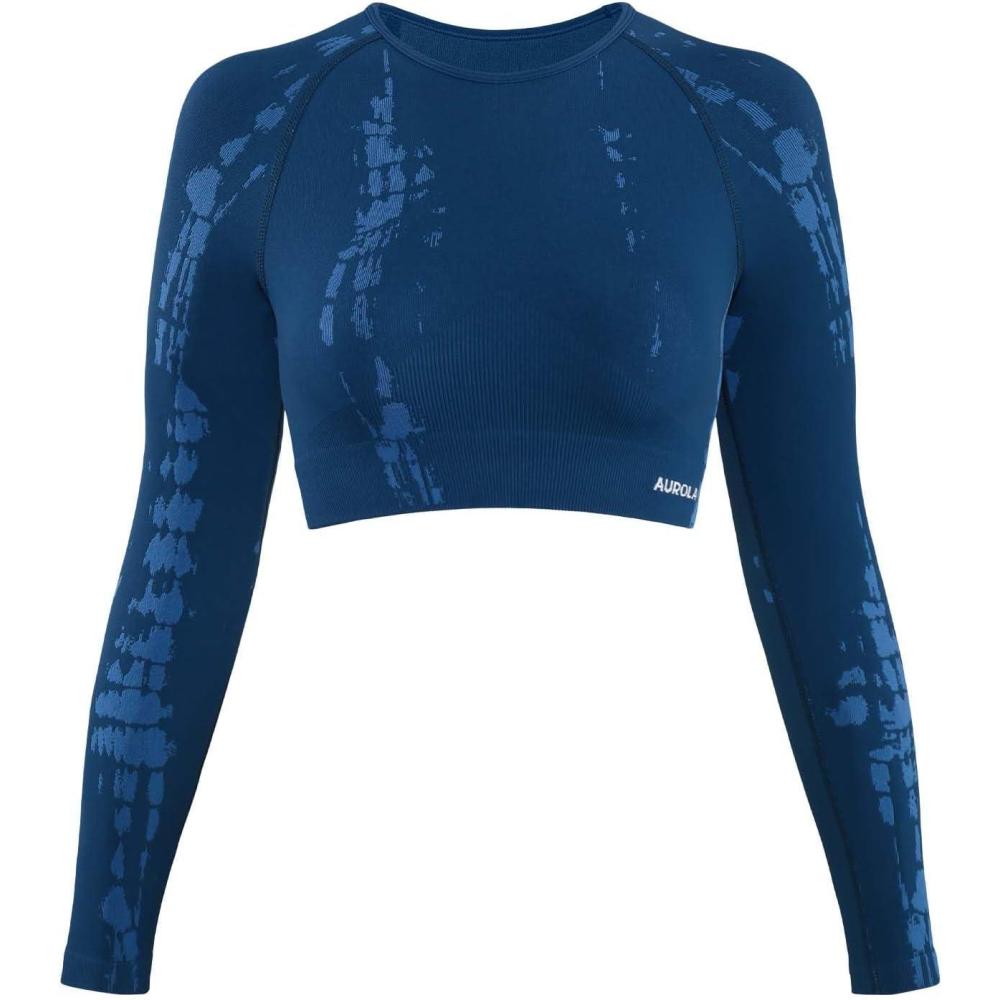 imageAUROLA Serpent Snake Long Sleeve Shirts for Women Seamless Workout Crop Tops Crew Neck Cropped T Shirt Athletic YogaWater Blue
