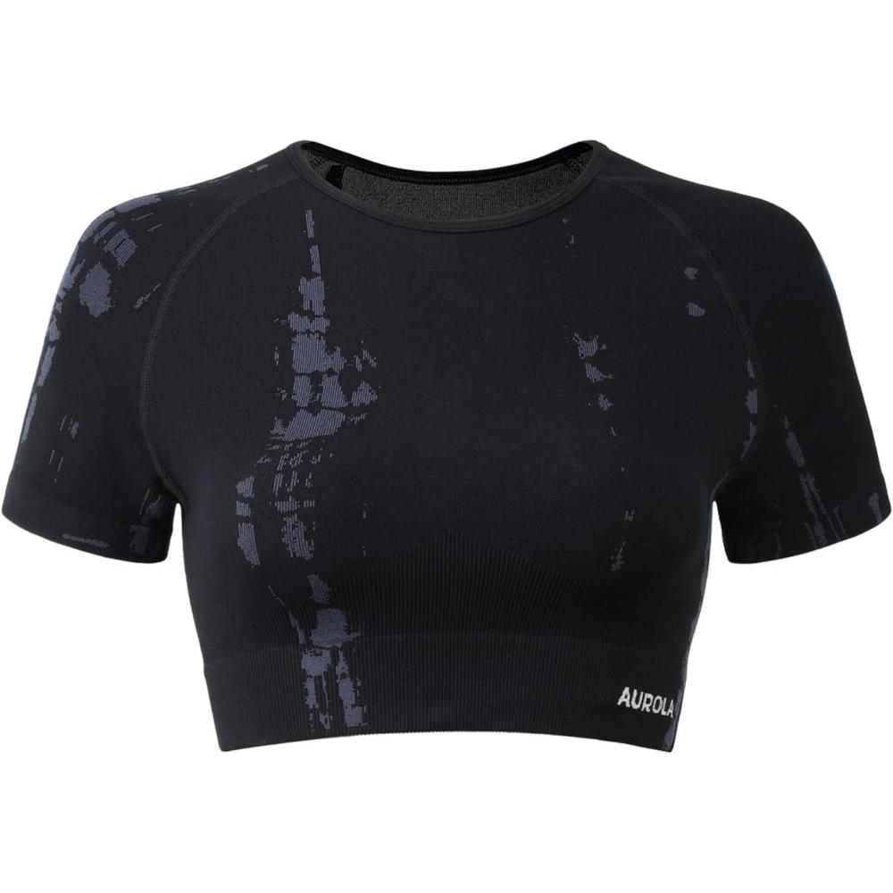 imageAUROLA Serpent Snake Seamless Workout TShirts for WomenShort Sleeve Crop Top Gym Yoga Athletic Shirts TeeBlack