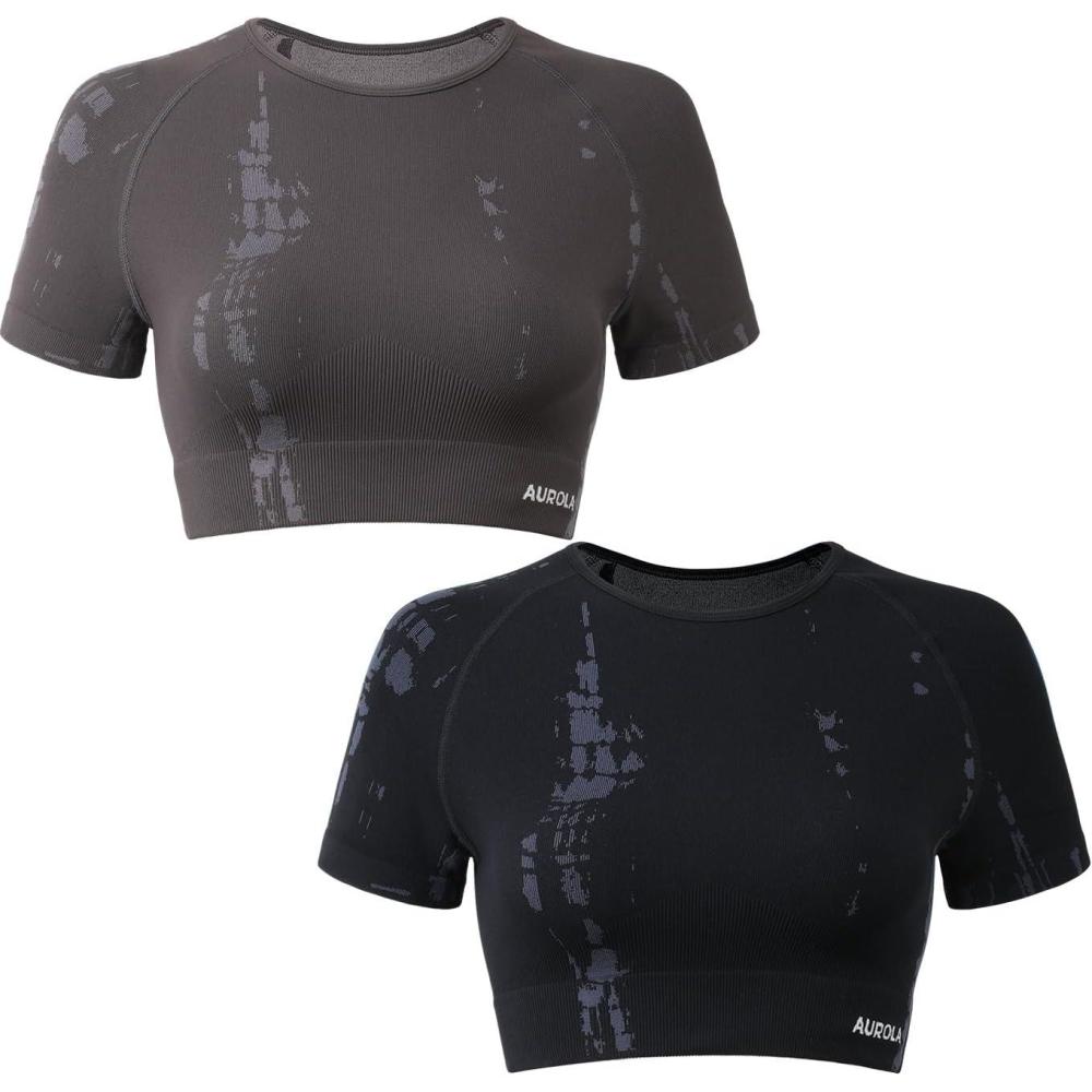 imageAUROLA Serpent Snake Seamless Workout TShirts for WomenShort Sleeve Crop Top Gym Yoga Athletic Shirts TeePackblackchestnut Brown