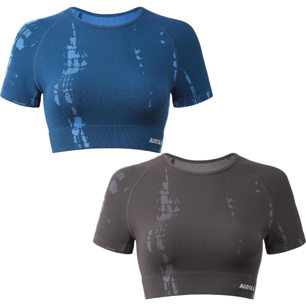 imageAUROLA Serpent Snake Seamless Workout TShirts for WomenShort Sleeve Crop Top Gym Yoga Athletic Shirts TeePackwater Bluechestnut Brown