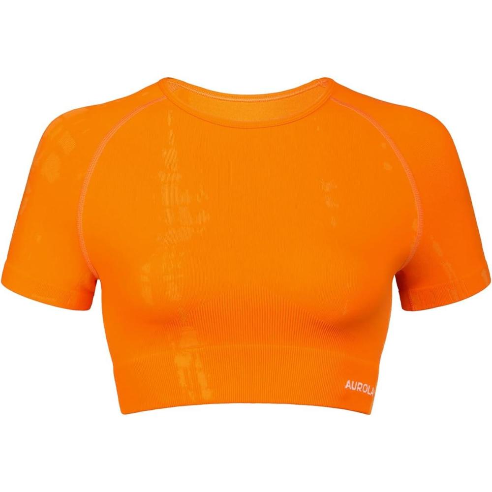 imageAUROLA Serpent Snake Seamless Workout TShirts for WomenShort Sleeve Crop Top Gym Yoga Athletic Shirts TeePersimmon Orange