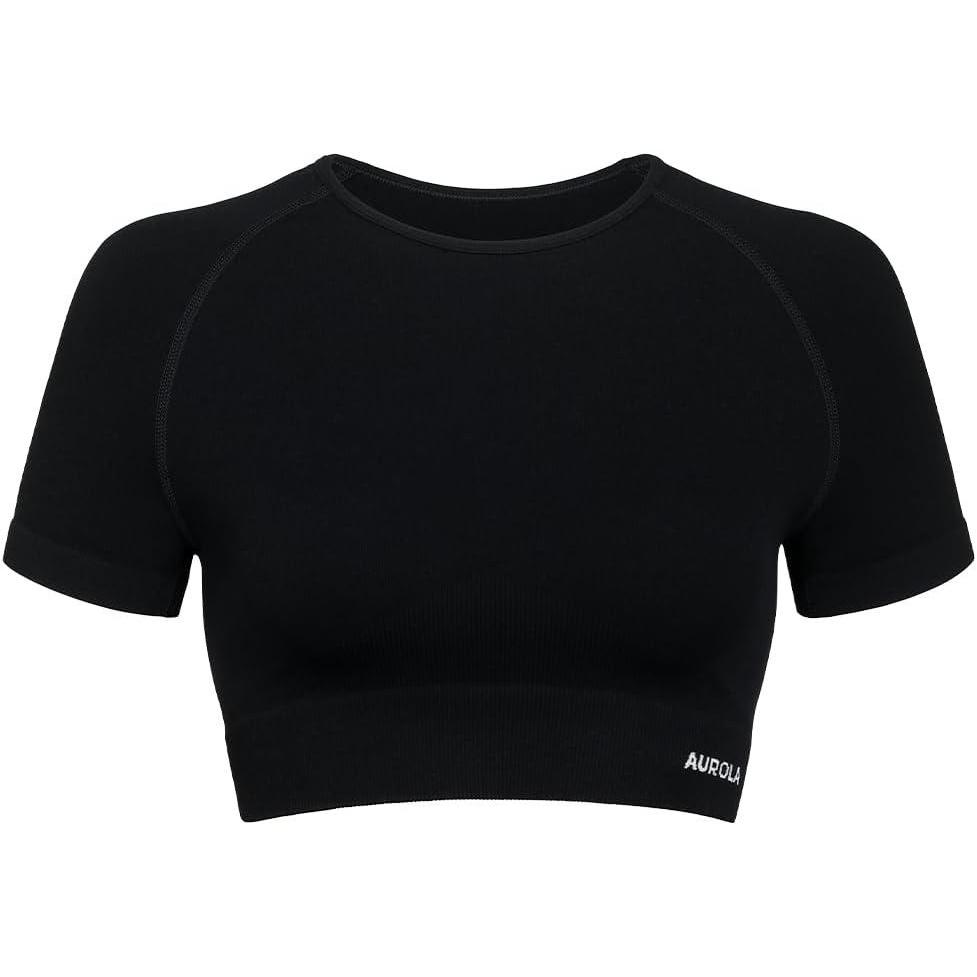 imageAUROLA Serpent Snake Seamless Workout TShirts for WomenShort Sleeve Crop Top Gym Yoga Athletic Shirts TeeSolidblack