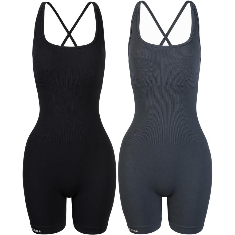 imageAUROLA Strapy Romper for Women Workout Yoga Gym Seamless One Piece Jumpsuit Tummy Control Padded Sports BraSet Blackdark Grey